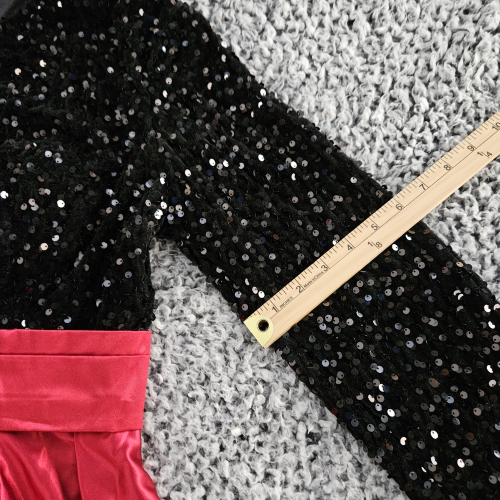 Black & Red Maxi Dress M Medium Sequined Satin Long Sleeve Formal Gown AO YAN - Picture 10 of 12